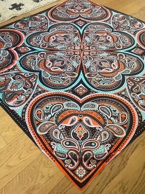 Orange Teal Paisley Scarf Square Boho Vintage Style Lightweight Colorful Wrap